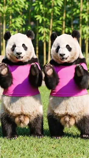 pandas clapping wearing pink tshirt #explore #pandaworld