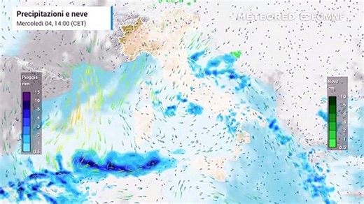 Mappa relativa alle precipitazioni previste