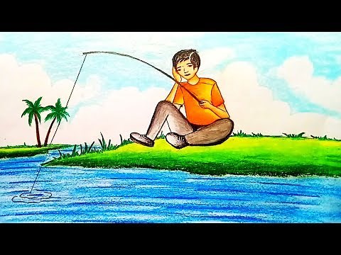 How to draw scenery of fishing.Step by step(easy draw)