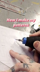 Iain Hursey- Sign Painter on Instagram: "How I make my patterns. After I have the design drawn and printed to size, I make a pounce pattern. I use an electro pounce to trace over the design. The electro pounce shoots sparks through the paper and burns holes in it, leaving a perforation outline. After the design is pounced I lay it over the prepared board and rub chalk or charcoal over it using a pounce pad. This leaves a pattern I can follow to paint the sign. This pattern is for a merch sign I’