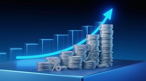Animation of stacks of coins with percent symbols and a growing bar graph showing financial success and rising interest rates