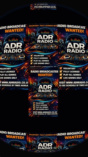 ADR Radio are looking for brand new DJ's or Radio Broadcasters. We broadcast all over the world on many platforms. If you have passion and drive and the love for great music please email us at. We are licensed with PRS admin@adrradio.co.uk You can broadcast from anywhere are the world. All you need is a good Internet connection, PC or Mac and we will help you with the rest to set you up. You don't have to be able to mix, just play music that inspires you Check us out at www.adrradio.co.uk