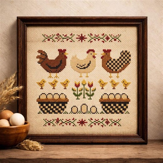 Primitive Chicken Cross Stitch Pattern, Pennsylvania Dutch Folk Sampler PDF - Etsy