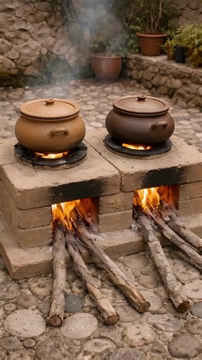 The Traditional Dual-Pot Brick Stove: Simple, Efficient, and Perfect for Outdoor Cooking This image showcases a beautifully simple yet highly functional dual-chamber brick stove, designed for wood-fired cooking in a rustic outdoor setting. With two clay pots sitting over separate fireboxes, it’s a smart example of traditional thermal efficiency and low-tech engineering. Let’s explore how it works and why this design is so effective. 🔥 A Two-Firebox Cooking System The structure consists of: Two 