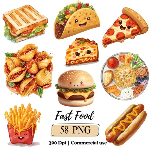Fast Food Clipart Watercolor Junk Food PNG Bundle Hotdog Pizza Burger Pasta French Fries Illustrations Italian Food Party Graphics Tea Snack - Etsy