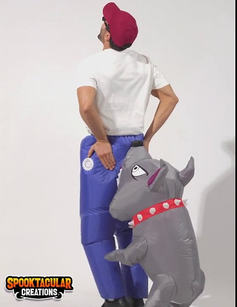 Joyfy Adults Halloween Inflatable Costumes, Biting By a Dog Blow-up Costumes for Men, Funny Blue Pants and a Vicious Gray Biting Dog Inflatable Suit for Halloween Themed Cosplay Party