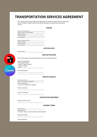Transportation Services Agreement Template | Logistics Contract (canva PDF) - Etsy