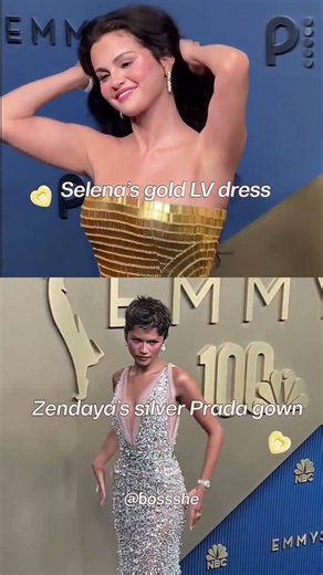 Selena’s gold LV dress and Zendaya’s silver Prada gown #hollywoodbuzz #fyp #selenagomez #zendaya