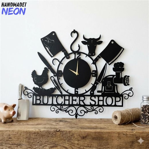 Butcher Shop Metal Wall Clock, Personalized Chef Gift, Custom Kitchen Wall Art, Handmade BBQ Decor, Meat Market Sign, Housewarming Gift - Etsy
