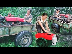 The genius girl drove the tractor and brought the engine back to fix it like new- repair girl