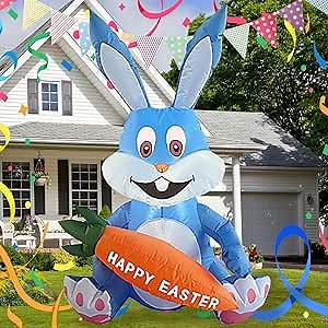 4FT Inflatable Easter Bunny for Outdoor Decorations Blue and White Carrot Shape LED Lights Built-in Blow Up Garden Lawn Yard Holiday Party
