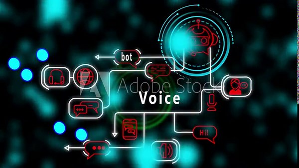 Voice futuristic AI interface animation with neon communication paths, smart chatbot icons, digital network flow, modern tech diagram for advanced projects