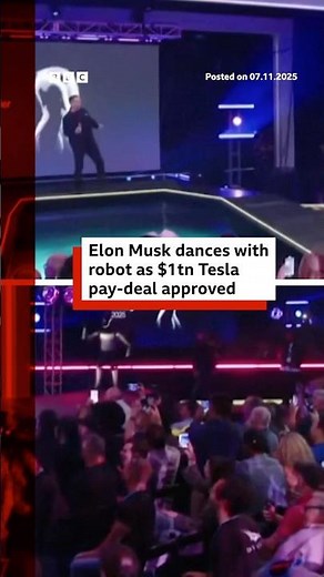 Elon Musk dances with robot as $1tn pay-deal approved by shareholders. #Tesla #ElonMusk #BBCNews