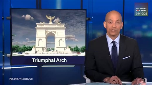 This transition on PBS speaks volumes about the Trump presidency. First segment - Trump wants to build an arch in honor of himself. Second segment - all young men are automatically enrolled in the military draft.
