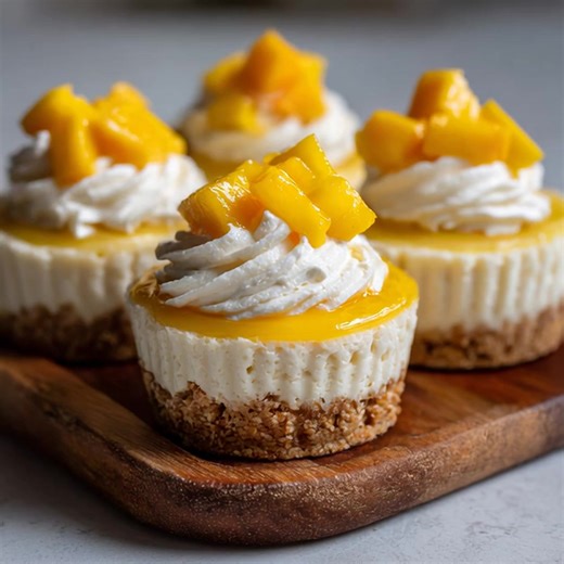 🥭 Mini No-Bake Mango Cheesecakes Description: These creamy and refreshing mini mango cheesecakes are perfect for summer! No baking required — just chill and enjoy. They're smooth, tangy, and bursting with tropical flavor. Ingredients: 1 cup digestive biscuits (crushed) 3 tbsp melted butter 1 cup cream cheese (room temp) 1/2 cup mango puree (fresh or canned) 1/4 cup powdered sugar 1/2 cup whipped cream 1 tsp vanilla extract Fresh mango cubes (for topping) Directions: Base: In a bowl, mix crushed