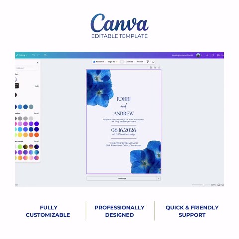 Blue Floral Wedding Invitation Template, Romantic Garden Wedding Invite (canva) - Etsy