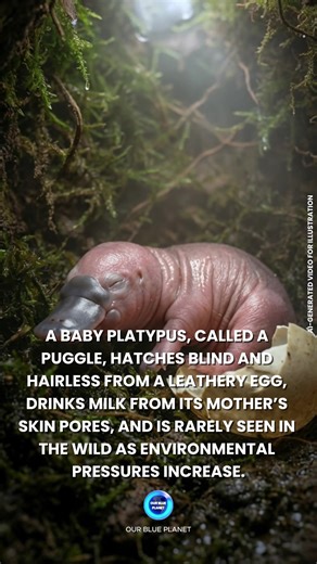 A baby platypus, commonly called a puggle, begins life by hatching blind and hairless from a small leathery egg. Instead of nursing through nipples, it feeds on milk that seeps from the mother’s skin pores, an unusual trait among mammals. The young remain inside the burrow for protection while they continue to develop. Platypuses are one of the world’s few egg-laying mammals and inhabit freshwater systems across eastern Australia and Tasmania. Although they are not officially classified as endan