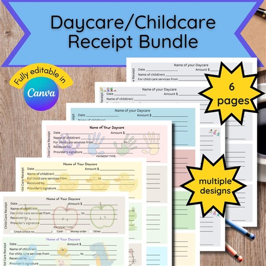 Editable Daycare Receipt Bundle: 6 Pages of Designs (canva Template), Daycare Provider, Daycare Forms, in Home Daycare, Daycare Payment - Etsy