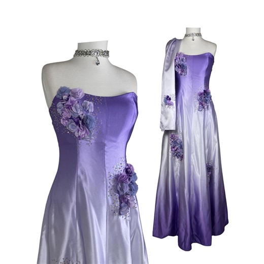 Vintage Purple Ombre Strapless Gown With Floral Appliques – Fairycore Satin Maxi Dress - Etsy