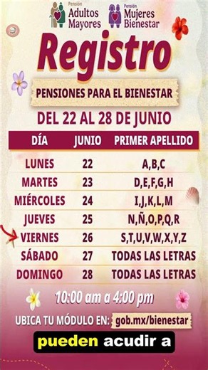 JUNE 2026 Bienestar Pension REGISTRATION SCHEDULE letters S, T, U, V, W, X, Y, Z