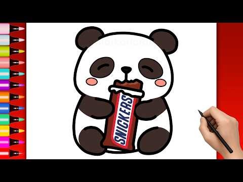 How to Draw Kawaii Panda Eating Snickers - Easy step by step