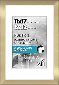Americanflat 11x17 Picture Frame with Shatter-Resistant Glass - Use as 8x12 Frame with Mat or Display 11x17 Photo Without Mat - Hudson Collection - Wide Picture Frames for Wall Display - Gold