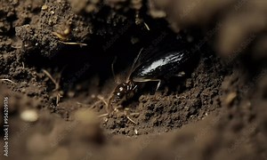 A detailed look at a beetle and ant encountering each other in an underground tunnel, displaying the natural intricacies of insect life.