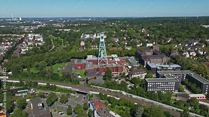 Aerial drone view of the German Mining Museum, also known as Deutsches Bergbau-Museum Bochum. This major museum showcases the history and technology of mining, featuring mineral specimens .