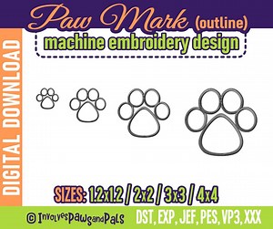 Outline Paw Print Embroidery Design - 4 Sizes | Silhouette Paw Mark Machine Embroidery Stitch Files: DST, JEF, PES | Sizes 1.2" to 4" - Etsy