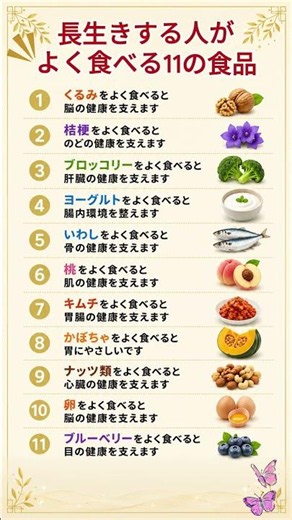 長生きする人がよく食べる11の食品 #健康#健康食品#長寿#食生活#栄養#ブルーベリー#ブロッコリー#ヨーグルト#ナッツ#キムチ#シニア#健康習慣#雑学#ショート#YouTubeShorts