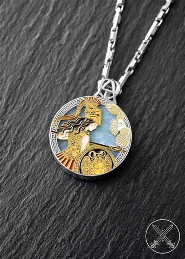 Athena the Greek Goddess of Wisdom and War Necklace / Pendant With Aquamarine Stone, Gold and Silver Greek Medallion - Etsy