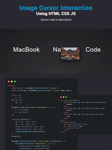 Image Cursor Interaction When Hovering Over Text Using HTML & JavaScript 😱 [Frontend, Web design, Web development, CSS, CSS Animation, CSS Tips, CSS Tutorials, JavaScript] Source code: https://github.com/ariffmma/arfverse/tree/Image-Cursor-Interaction #webdeveloper #webdevelopment #webdesign #javascript @TikTok Promosi Indonesia