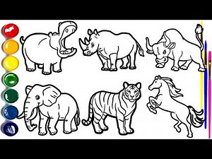 🎨🦛🐘 How to Draw Wild Animals for Kids | Hippo, Rhino, Bull, Elephant, Tiger & Horse 🐯🐴✏️