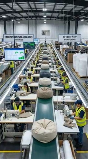 Styrofoam bean bags are filled with expanded polystyrene beads that provide lightweight cushioning. Fabric shells are cut, stitched, and reinforced before filling and sealing. The process ensures comfort, flexibility, and long-lasting shape retention. #furniture #manufacturing #beanbag #production | Factory Process : Production Insider