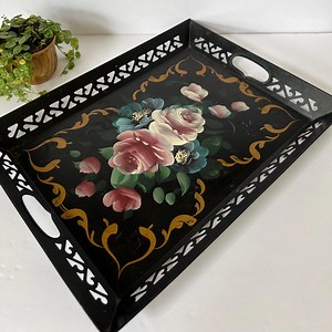 Vintage Tole Painted Metal Tray, Metal Rectangle Tray, Bar Tray, Modern Folk, Folk Painted Tray, Black Tray - Etsy