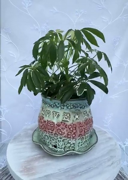 Love Planter, Medium Sized; Turquoise, Yellow, & Pink With a Flower, Owl, Bird Pattern; Hand-built Ceramic Stoneware. - Etsy