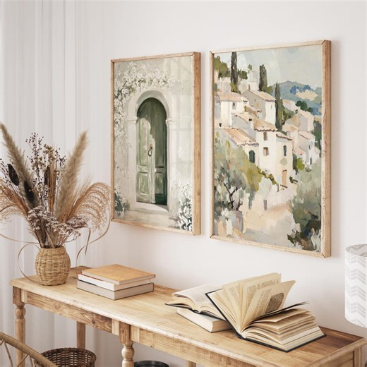 Italian Art Prints: Set of 2 | Light Cream Living Room Art | Neutral Coastal Decor | Sage Green Bedroom Wall Art | Muted Beige Hallway Decor - Etsy