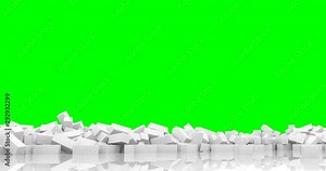 Brick wall falling apart chroma key footage. Unstable construction crumbling, collapsing isolated on green screen. Barrier destruction revealing background animation. Barricade demolition video