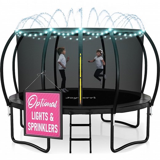 Joyberri trampoline for kids with trampoline net, add-on LED lights, and sprinklers, 14-ft, Black