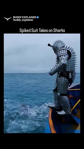 BUDDY EXPLAINER on Instagram: "The clip shows a man wearing a spiked metallic “cactus-style” suit jumping from a boat into shark-filled ocean waters. As he swims underwater, several sharks circle him but visibly pull back when they come close, seemingly repelled by the sharp protrusions. He then resurfaces without injury, creating the illusion that the suit protected him from attack. Uploaded on December 26, 2025 by creator @kim_2k04, the video quickly went viral, crossing 744,000 views in less
