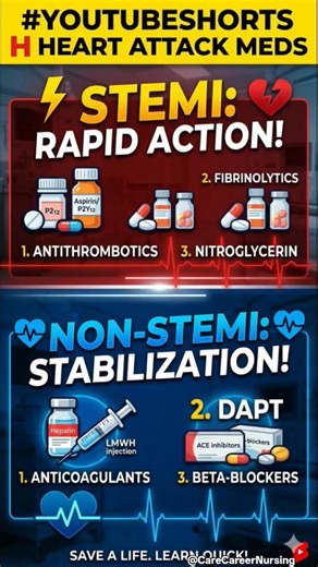 STEMI vs NSTEMI mngmnt mnemonic #♥️ attack #MI#medicalemergency #cardiology #lifesaving #firstaid
