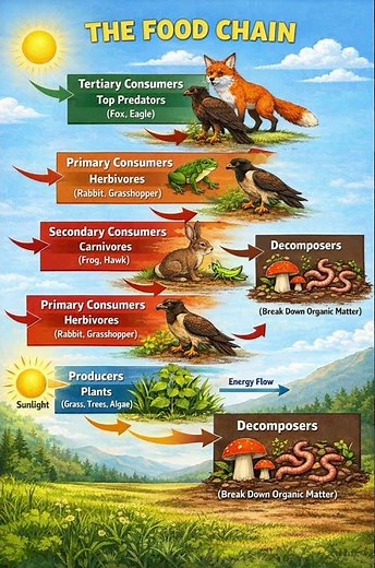 Food chain shows how energy flows in nature 🌱➡️🐇➡️🦊Every organism depends on another to survive!
