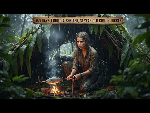 "150 Days i build a Shelter, 18 year old girl in juggle, caught and cooked food in the rain forecast