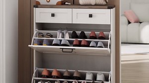 Halitaa Shoe Cabinet with 2 Flip Drawers & 2 Drawers,Farmhouse Shoe Storage Cabinet for Entryway,Slim Freestanding Narrow Organizer Rack for Front Door Entrance,White