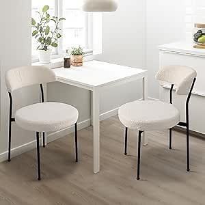 Modern Boucle Dining Chair Set of 2 with Round Lambswool Upholstered Cushion Backrest and Metal Legs for Dining Room Kitchen Restaurant Living Room(White&Black Leg)