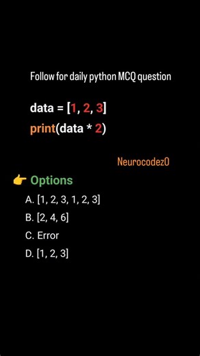 Shobhit Kumar on Instagram: "⚡Daily Python Challenge⚡ Comment your answer now ⬇️ — fastest coder gets pinned 🏆 Ready to level up your coding game? 🚀 “Brands: DM ‘Promo’ for collaboration” Follow @neurocodez0 #neurocodez0 #PythonCoding #PythonProgramming #LearnPython #DailyPython #CodeChallenge #PythonMCQ #PythonDeveloper #PythonForBeginners #CodeDaily #100DaysOfCode #programminglife #CodingQuiz"