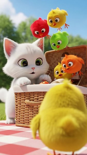 Picnic Surprise: Fluffy Intruder Meets Colorful Chicks#chiks #rainbow