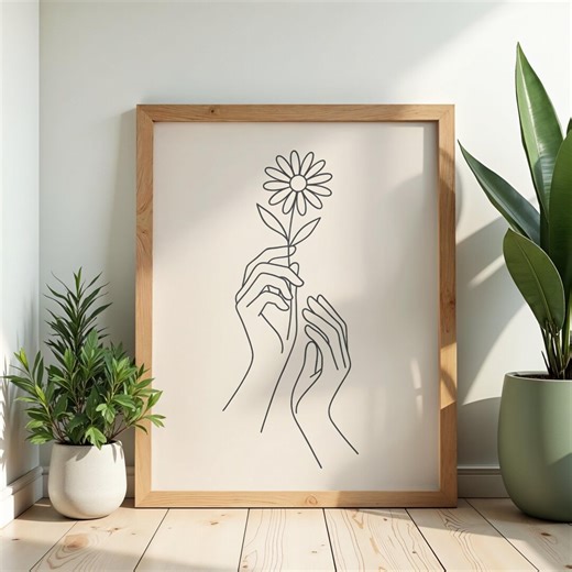 Minimalist Line Art Hands Holding Flower Printable