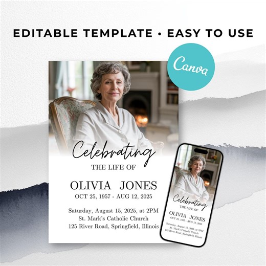 Minimalist Funeral Announcement Template, Editable Celebration of Life Invitation, Digital Download - Etsy