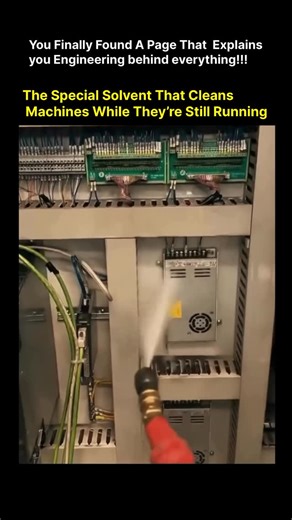 Explaining Engineering on Instagram: "Certain machines can’t be shut down, so engineers use non-conductive, fast-evaporating dielectric solvents to clean them while they remain powered. These specialized solvents—such as n-propyl bromide, HFE/HFC cleaners, and older chlorinated solvents—are non-flammable, residue-free, and have high dielectric strength, allowing safe use on live electrical and mechanical equipment. The solvent penetrates dust, oil, and carbon deposits, dissolves them at a molecu